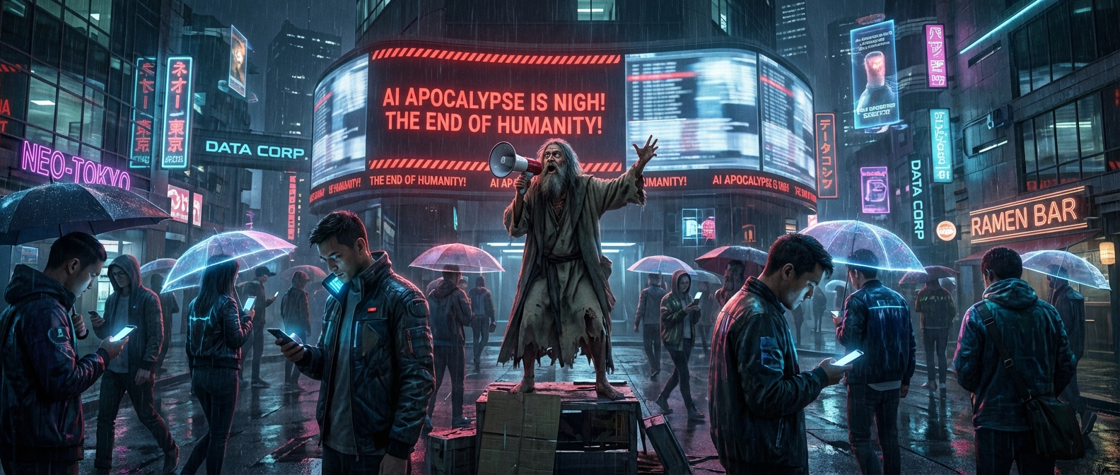 赛博朋克街头，末日预言者高喊AI末日，行人漠然刷手机