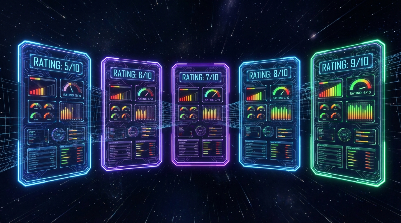 五块全息记分板，分别显示五大冲击的评分