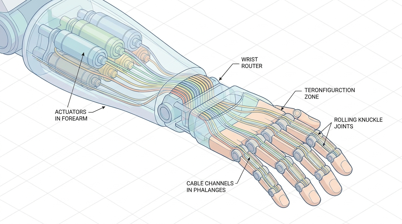 AI 还原图：前臂后置驱动 + 腱传动走线